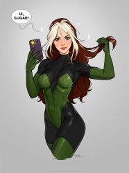 Rule 34 | 1girl, artist name, breasts, brown hair, cellphone, closed mouth, covered navel, cropped legs, english text, green eyes, grey background, highres, holding, holding phone, long hair, looking at viewer, marvel, medium breasts, multicolored hair, olena minko, patreon username, phone, rogue (x-men), simple background, smartphone, smile, solo, sparkle, speech bubble, superhero costume, two-tone hair, watermark, web address, white hair, x-men