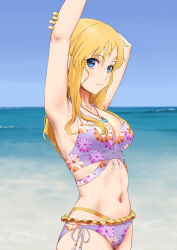 1girl arm_up bare_shoulders bikini blonde_hair blue_eyes blush breasts cleavage collarbone highres idolmaster idolmaster_cinderella_girls jewelry long_hair looking_at_viewer medium_breasts mizuki_(mizuki_ame) navel necklace ohtsuki_yui purple_bikini stretching swimsuit wavy_hair wet