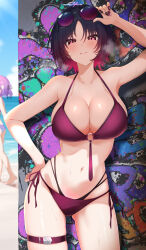 2girls absurdres adjusting_eyewear arm_up bare_shoulders beach bikini black_hair blurry blurry_background blush breasts cleavage cowboy_shot depth_of_field eyewear_on_head gradient_hair graffiti hand_on_own_hip heavy_breathing highleg highleg_bikini highres iris_black_games kisaragi_ren_(vtuber) large_breasts layered_bikini multicolored_hair multiple_girls muton_(muton82) navel o-ring o-ring_top out_of_frame parted_bangs purple_bikini purple_hair red_bikini red_eyes red_hair red_nails shinomiya_runa short_hair side-tie_bikini_bottom sunglasses sweat swimsuit thigh_strap virtual_youtuber vspo!