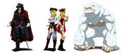 2girls akimaru bad_id bad_pixiv_id belt blonde_hair boots breasts brown_eyes brown_hair bursting_breasts cape cleavage facial_hair feathers frills gloves goatee hat highres holster hook knife large_breasts long_hair long_image monster multiple_girls original peg_leg pirate pirate_hat prosthesis skull_and_crossbones sword thigh_holster thigh_strap tricorne weapon wide_image yf-19-2excalibur