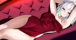 Rule 34 | 1girl, armpits, arms up, blue eyes, clothes in front, commentary, couch, covering privates, dress, fang, gradient hair, green hair, hair ornament, highres, indie virtual youtuber, looking at viewer, mint fantome, multicolored hair, nude cover, on couch, open mouth, red dress, red eyes, redi (rasec asdjh), short hair, skin fang, solo, symbol-only commentary, virtual youtuber, white hair