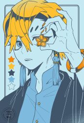 Rule 34 | 1boy, absurdres, black hair, blonde hair, blue shirt, bracelet, buttons, earrings, gachiakuta, highres, holding, hood, hoodie, jewelry, male focus, multicolored hair, nail polish, open mouth, orange nails, shirt, short hair, simple background, solo, star (symbol), tassel, tassel earrings, two-tone hair, white background, wol akt, zanka nijiku