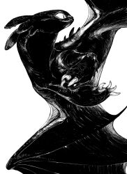 animal animal_focus claws dragon flying from_side greyscale high_contrast highres how_to_train_your_dragon_(series) looking_to_the_side monochrome no_humans piyomotsu simple_background solo teeth toothless white_background wings