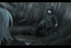 2girls absurdres adrian_helmet ammunition_pouch ayou_(aukuamani) bandolier bayonet belt bolt_action combat_helmet crater fence gun helmet highres lebel_model_1886 looking_at_another mud multiple_girls original picket_fence pouch puddle rifle soldier solo_focus water weapon wooden_fence