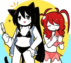 Rule 34 | 2girls, :3, = =, alternate hairstyle, animal ears, antenna hair, bikini, black bikini, black eyes, black hair, blue jacket, bracelet, cat ears, cat girl, cat tail, chlomaki (funamusea), closed eyes, closed mouth, collarbone, colored skin, drill hair, flat chest, food, frilled bikini, frilled bracelet, frilled skirt, frills, fruit, funamusea, hand on own hip, heart, holding, holding food, holding fruit, holding popsicle, holding watermelon, jacket, jewelry, lobco (funamusea), lobster girl, multiple girls, navel, no headwear, oounabara to wadanohara, open clothes, open jacket, open mouth, orazamige, ponytail, popsicle, red hair, red skirt, see-through clothes, see-through skirt, skirt, smile, sparkle, swimsuit, tail, twin drills, watermelon, watermelon slice, white skin, white sleeves