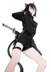1boy androgynous animal_ears black_gloves black_jacket black_shorts blood blood_on_face cat_boy cat_day cat_ears cat_tail commentary_request cowboy_shot glove_cutout gloves grey_eyes hair_between_eyes hand_on_own_hip hashtag-only_commentary highres holding holding_sword holding_weapon jacket katana kazari_tayu looking_at_viewer looking_down male_focus original parted_lips shirt short_hair shorts simple_background smile solo sword tail teeth thigh_strap upper_teeth_only watermark weapon white_background white_shirt