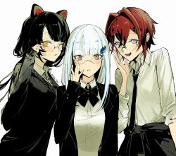 3girls adjusting_eyewear alternate_costume ange_katrina animal_ears aqua_eyes artist_name black_bow black_bowtie black_hair black_jacket black_necktie blunt_bangs blush bow bowtie breasts collared_shirt commentary_request crossed_bangs dog_ears glasses hair_between_eyes hair_intakes hair_ornament hand_up highres inui_toko jacket kf8fw lize_helesta long_hair long_sleeves looking_at_viewer multiple_girls necktie nijisanji one_eye_closed open_clothes open_jacket parted_lips purple_eyes red_hair sanbaka_(nijisanji) shirt short_hair sidelocks simple_background sleeves_rolled_up small_breasts smile teeth twitter_username virtual_youtuber white_background white_hair white_shirt yellow_eyes