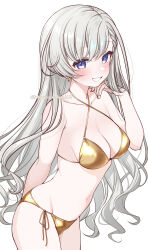1girl bikini blue_eyes blush breasts chiyosuke_(nosuke21) gold_bikini grey_hair highres hisakawa_hayate idolmaster idolmaster_cinderella_girls long_hair looking_at_viewer medium_breasts navel side-tie_bikini_bottom simple_background smile solo swimsuit very_long_hair wavy_hair white_background