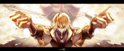 Rule 34 | 1boy, arrow (projectile), artist name, blonde hair, cape, facing viewer, jewelry, male focus, mask, mirrored text, moore (526250462qqcom), necklace, pixiv fantasia, pixiv fantasia fallen kings, solo, toma (pffk), upper body
