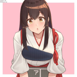 1girl akagi_(kancolle) apron brown_eyes brown_hair hair_between_eyes hakama hakama_skirt japanese_clothes kantai_collection long_hair looking_at_viewer muneate open_mouth red_hakama shiromaru_(maniado) skirt solo straight_hair tasuki upper_body very_long_hair