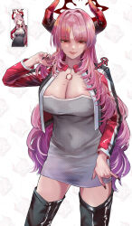1girl black_boots black_jacket black_nails blue_archive boots breasts cleavage dress fingernails grey_dress halo havi highres horns jacket jewelry large_breasts long_fingernails long_hair long_sleeves mole mole_on_breast multicolored_jacket necklace official_alternate_costume official_art_inset open_clothes open_jacket parted_bangs pink_hair red_jacket reference_inset satsuki_(blue_archive) thigh_boots