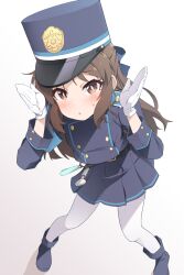 Rule 34 | 1girl, :o, arms up, belt, black belt, blue archive, blue boots, blue bow, blue hairband, blue hat, blue jacket, blue skirt, blush, boots, bow, brown eyes, brown hair, buttons, charm (object), commentary request, cosplay, crime prevention buzzer, dot nose, gloves, gradient background, hair bow, hairband, hat, highres, hikari (blue archive), hikari (blue archive) (cosplay), idolmaster, idolmaster cinderella girls, idolmaster cinderella girls u149, jacket, kanji connection, long hair, long sleeves, looking at viewer, miniskirt, name connection, nekono matatabi, pantyhose, parted lips, peaked cap, pleated skirt, shako cap, skirt, small sweatdrop, solo, standing, tachibana arisu, train conductor, whistle, white background, white gloves, white pantyhose