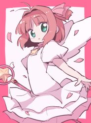 Rule 34 | 1girl, angel wings, antenna hair, aqua eyes, bare arms, blunt bangs, border, brown hair, cardcaptor sakura, choker, cowboy shot, dokan (dkn), dot nose, dress, expressionless, frilled choker, frilled dress, frills, hair intakes, hair ribbon, holding, holding wand, kinomoto sakura, kinomoto sakura (astral sakura), magical girl, medium hair, outside border, parted bangs, parted lips, petals, pink border, pink choker, pink ribbon, puffy short sleeves, puffy sleeves, ribbon, short dress, short sleeves, solo, square neckline, standing, star (symbol), star wand, tareme, two side up, wand, white background, white dress, white wings, winged wand, wings
