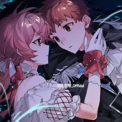 1boy 1girl artist_request bare_shoulders black_pants black_suit blush bow closed_mouth commentary_request commission dress emiya_shirou eye_contact fate/stay_night fate_(series) floor formal_clothes gaoyue_jixiang gloves hair_ornament hand_on_own_hip hand_up hexagon_hair_ornament highres indoors jacket leaf long_hair looking_at_another momomiya_shizuku_(gaoyue_jixiang) oc_x_canon on_floor open_mouth orange_hair original pants pink_eyes pink_hair plant red_hair ribbon second-party_source sleeveless sleeveless_dress suit suit_jacket twintails white_dress white_gloves