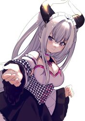 1girl argyle_clothes argyle_dress argyle_sleeves black_skirt breasts choker cleavage closed_mouth commentary detached_sleeves dress dutch_angle english_commentary frilled_choker frills hair_between_eyes headdress highres horns large_breasts long_hair long_sleeves looking_at_viewer mole mole_under_mouth original outstretched_arm purple_eyes simple_background skirt smile solo strapless tube_top very_long_hair wafucchino white_background white_hair white_sleeves white_tube_top wide_sleeves