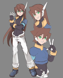 Rule 34 | 1boy, age progression, black bodysuit, blue jacket, bodysuit, brown hair, cowboy shot, cropped jacket, full body, grey background, highres, jacket, long hair, looking at viewer, male focus, mega man (series), mega man zx, mega man zx advent, open clothes, open jacket, pants, raica (khongbautroi), robot ears, short hair, simple background, vent (mega man), w, white pants