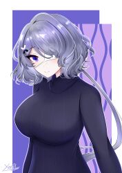 1girl absurdres arknights blue_eyes blush breasts hair_ornament highres large_breasts long_sleeves looking_at_viewer one_eye_covered open_mouth purple_hair shirt short_hair simple_background skirt smile solo whisperain_(arknights) xen0moonz