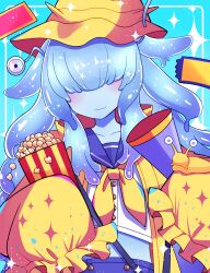 1girl :3 absurdres collarbone commission food globie highres holding holding_food long_sleeves midriff motiuma3 navel neckerchief popcorn second-party_source sleeves_past_fingers sleeves_past_wrists snail snail_girl snail_hat solo squirmimi virtual_youtuber yellow_neckerchief