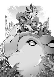 1girl 2boys aether_(genshin_impact) alternate_headwear animal animal_print armor belt bird_print bow bridal_gauntlets cape cropped_shirt dinosaur feathers food furisode genshin_impact greyscale hakama hakama_shorts hat highres holding holding_food holding_popsicle japanese_armor japanese_clothes kimono kote layered_sleeves leg_warmers leggings long_hair long_sleeves looking_at_another looking_up low-braided_long_hair low-tied_long_hair midriff monochrome multiple_boys oriiiiiiiiiiii outdoors paimon_(genshin_impact) pants plant pleated_shorts popsicle romper rope sash scaramouche_(genshin_impact) scarf shin_guards short_sleeves shorts single_thighhigh sitting straw_hat sun_hat sweatdrop thighhighs tsurime wanderer_(genshin_impact) wide_sleeves