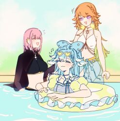 Rule 34 | alternate costume, blush, breasts, couple, earrings, family, father and son, feather earrings, feathers, gradient hair, green hair, highres, hololive, hololive english, hololive indonesia, hyurisaki, jewelry, kobo kanaeru, large breasts, liquid hair, long hair, mori calliope, mother and daughter, multicolored hair, multiple girls, official alternate costume, open mouth, orange hair, pink hair, purple eyes, smile, takanashi kiara, virtual youtuber, yuri