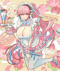 Rule 34 | 1girl, apron, bad id, bad twitter id, blush, breasts, cake, cleavage, commission, cupcake, donut, dress, flower, food, food-themed background, frilled apron, frilled dress, frills, fruit, hair between eyes, headphones, highres, holding, holding tray, huge breasts, long hair, looking at viewer, maid, maid headdress, meremero, nitroplus, open mouth, pancake, pancake stack, parfait, pink dress, pink eyes, pink flower, pink hair, pink shoes, shoes, smile, solo, standing, standing on one leg, strawberry, strawberry shortcake, super sonico, swiss roll, thighhighs, tray, very long hair, white apron, white thighhighs, wrist cuffs
