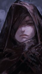 1boy bandage_over_one_eye brown_coat brown_eyes chinese_commentary closed_mouth cloud cloudy_sky coat commentary grey_sky highres hood hood_up hooded_coat looking_at_viewer looking_down male_focus original rain sky soleil_(soleilmtfbwy03) solo wet
