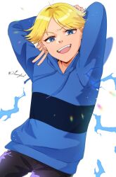1boy aged_up aitommylove antenna_hair arms_up black_pants blonde_hair blue_eyes blue_hoodie boomer_(ppg) fangs highres hood hoodie looking_at_viewer male_focus open_mouth pants parted_bangs powerpuff_girls rowdyruff_boys short_hair solo striped_clothes striped_hoodie teeth tongue