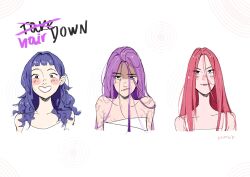 3girls absurdres artist_name blunt_bangs blush commentary hair_between_eyes highres kpop_demon_hunters long_hair looking_at_viewer mira_(kpop_demon_hunters) multiple_girls pink_hair purple_hair rumi_(kpop_demon_hunters) shirt simple_background smile vvvimint white_background white_shirt zoey_(kpop_demon_hunters)