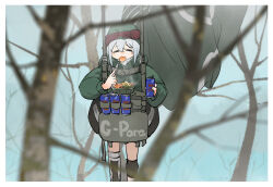 1girl =_= blush_stickers can eating fork g11_(girls&#039;_frontline) g11_(mod3)_(girls&#039;_frontline) girls&#039;_frontline highres holding holding_can holding_fork jacket knee_pads mush outdoors parachute solo steam stuck tears tree