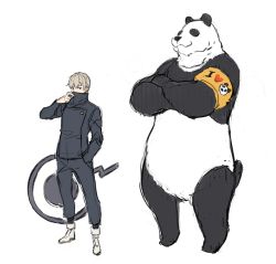 1boy 1other animal armband crossed_arms gakuran greyscale hand_in_pocket high_collar highres inumaki_toge jujutsu_kaisen long_sleeves monochrome panda panda_(jujutsu_kaisen) school_uniform simple_background sketch spring2013 standing white_background white_footwear