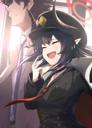 1boy 1girl :d absurdres black_choker black_coat black_hair black_hat black_shirt blue_archive blue_necktie breast_pocket breasts chiaki_(blue_archive) choker closed_eyes coat collared_shirt commentary_request demon_girl demon_horns dress_shirt halo hand_up happy_tears hat highres horns kokage_yugure long_hair long_sleeves medium_breasts necktie open_clothes open_coat open_mouth peaked_cap pocket pointy_ears red_halo red_necktie sensei_(blue_archive) shirt short_hair smile sweatdrop tearing_up tears teeth two-sided_coat two-sided_fabric upper_teeth_only white_shirt