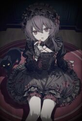 Rule 34 | 1girl, arm support, asymmetrical hair, black cat, black dress, black gloves, black hairband, black nails, bow, cat, commentary request, dress, dress bow, fingerless gloves, food, frilled hairband, frills, fruit, gloves, gothic lolita, hair between eyes, hairband, highres, hinomiya shiyou (ly05yy), holding, holding food, holding fruit, juliet sleeves, lace, lace gloves, lolita fashion, long hair, long sleeves, looking at viewer, open mouth, original, puffy sleeves, purple eyes, purple hair, red bow, sitting, slit pupils, solo, strawberry