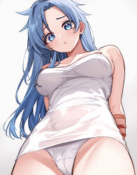 Rule 34 | 1girl, :o, absurdres, alternate costume, arms behind back, bare shoulders, blue eyes, blue hair, blush, breasts, cameltoe, commentary request, cowboy shot, dress, from below, groin, highres, himemushi momoyo, long hair, medium breasts, meimei (meimei89008309), panties, pantyshot, parted bangs, raised inner eyebrows, simple background, solo, touhou, underwear, upskirt, very long hair, white background, white dress