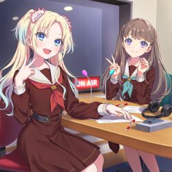 2girls :d album_cover arm_on_table arms_on_table black_headphones blonde_hair blue_eyes blue_hair brown_dress brown_hair collarbone cover dress fang feet_out_of_frame flower fujishima_megumi game_cg gradient_hair hair_flower hair_ornament half_updo hands_up hasu_no_sora_school_uniform inward_v light_blue_hair link!_like!_love_live! logo long_hair long_sleeves looking_at_viewer love_live! medium_dress microphone mira-cra_park! morikura_en multicolored_hair multiple_girls neckerchief non-web_source official_art on_chair open_mouth osawa_rurino parted_bangs pen purple_eyes radio_booth recording_studio red_neckerchief school_uniform sidelocks sitting smile studio_microphone swept_bangs table textless_version twintails v virtual_youtuber winter_uniform