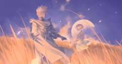 2boys absurdres blue_sky brothers burning coat commentary english_commentary field fingerless_gloves fire from_behind full_moon gloves highres looking_at_another looking_to_the_side male_focus millions_knives moon multiple_boys outdoors round_eyewear siblings sky star_(sky) trigun trigun_stampede undercut vash_the_stampede yakikesen