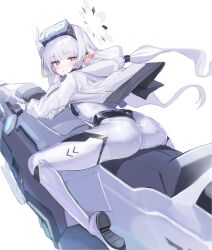 1girl absurdres ass blue_archive blush breasts ggab0621 grin hair_tubes halo head-mounted_display highres himari_(blue_archive) himari_(bodysuit)_(blue_archive) hover_vehicle jacket long_hair long_sleeves looking_at_viewer looking_back mole mole_under_eye pointy_ears purple_eyes sidelocks small_breasts smile white_hair white_jacket