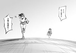 Rule 34 | 2girls, choufu shimin, greyscale, hyuuga (kancolle), japanese clothes, kantai collection, long sleeves, mogami (kancolle), monochrome, multiple girls, running, school uniform, serafuku, short hair, shorts, speech bubble, swept bangs, translation request, undershirt