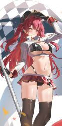 1girl arm_up bikini black_bikini black_gloves black_hat blush breasts checkered_flag confetti fang flag gloves hat heterochromia highres holding holding_flag hololive houshou_marine large_breasts long_hair microskirt navel peaked_cap pendora1022 race_queen red_eyes red_hair skirt solo stomach swimsuit thighhighs two_side_up very_long_hair virtual_youtuber yellow_eyes