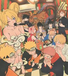 Rule 34 | 4girls, 6+boys, bare shoulders, black eyes, black hair, blue eyes, blunt ends, blush, brown hair, chainsaw man, checkered floor, closed eyes, collarbone, cup, denji (chainsaw man), drinking straw, fushiguro megumi, genderswap, genderswap (mtf), gloves, green eyes, hair between eyes, haruno sakura, hayakawa aki, highres, holding, holding cup, holding menu, horns, itadori yuuji, jujutsu kaisen, kneeling, kugisaki nobara, long hair, long sleeves, looking at another, menu, microphone, multiple boys, multiple girls, naruko (naruto), naruto (series), naruto shippuuden, one eye closed, open mouth, parted lips, phone, pink hair, pochita (chainsaw man), ponytail, power (chainsaw man), red eyes, sexy no jutsu, sharp teeth, short hair, sleeveless, smile, standing, sweat, tablet pc, teeth, tongue, twintails, uchiha sasuke, uraura ura-chan, uzumaki naruto