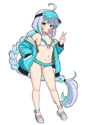 1girl absurdres ahoge bandaid bandaid_on_cheek bandaid_on_face bare_shoulders bikini blue_jacket breasts epinel_(nikke) frilled_bikini frills hand_in_pocket highres jacket long_braid long_hair looking_at_viewer non-web_source open_clothes open_jacket small_breasts swimsuit very_long_hair