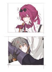 2girls absurdres anger_vein black_gloves blush eyewear_on_head gloves grey_hair hashtag-only_commentary head_between_thighs highres honkai:_star_rail honkai_(series) kafka_(honkai:_star_rail) long_hair multiple_girls pantyhose pari parted_lips purple_eyes purple_gloves purple_hair stelle_(honkai:_star_rail) trailblazer_(honkai:_star_rail) yellow_eyes yuri