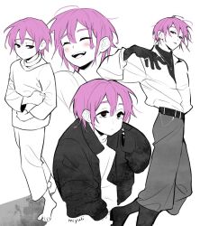 1boy aged_up alien_stage barefoot belt black_belt black_boots black_eyes black_gloves black_jacket black_shirt boots choker closed_eyes commentary english_commentary gloves grey_pants jacket jewelry layered_shirt long_sleeves miyuli multiple_views pants parted_lips pink_hair red_pupils ring shirt short_hair signature turtleneck turtleneck_shirt white_choker white_pants white_shirt