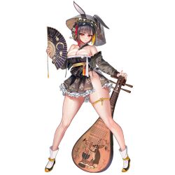 1girl :&lt; ajirogasa animal_ears armpit_crease baekto_(last_origin) bare_shoulders biwa_lute black_hair black_hat black_kimono black_veil blonde_hair blush braid breasts bursting_breasts chinese_knot chinese_zodiac cleavage closed_mouth collarbone colored_inner_hair crescent_moon crown_braid flower flower_knot frilled_kimono frills fundoshi gluteal_fold hair_ornament han&#039;eri hand_fan haori_himo hat highres holding holding_fan holding_instrument instrument japanese_clothes kanzashi kimono kimono_skirt large_breasts last_origin leaf_print legs_apart long_hair looking_at_viewer lute_(instrument) magical_baekto mochitsuki moon moon_rabbit mortar_(bowl) multicolored_hair nail_polish obi official_alternate_costume official_art open_clothes open_kimono plum_blossoms rabbit_ears rabbit_hair_ornament rabbit_tail red_eyes red_nails red_ribbon ribbon sash see-through_clothes see-through_sleeves skindentation solo standing tachi-e taesi tail thick_thighs thigh_strap thighs two-tone_hair veil white_footwear year_of_the_rabbit