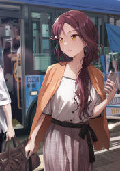 1girl bag blurry blurry_background bus collarbone dappled_sunlight dress earrings grey_dress highres holding holding_bag holding_phone jacket jewelry light_smile long_hair looking_to_the_side love_live! love_live!_sunshine!! motor_vehicle open_mouth orange_eyes orange_jacket parted_bangs people phone red_hair sakurauchi_riko shamakho shirt side_ponytail solo standing sunlight teeth white_shirt