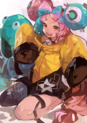 1girl absurdres aqua_hair bellibolt bow-shaped_hair character_hair_ornament commentary gen_1_pokemon grey_pantyhose hair_ornament highres iono_(pokemon) jacket kaamin_(mariarose753) long_sleeves looking_at_viewer magnemite multicolored_hair nintendo open_mouth orange_eyes pantyhose pink_hair pokemon pokemon_(creature) pokemon_sv sharp_teeth simple_background single_leg_pantyhose sitting sleeves_past_fingers sleeves_past_wrists teeth thigh_strap very_long_sleeves yellow_jacket