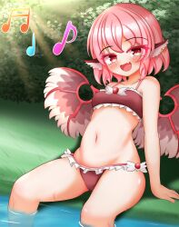 1girl :d animal_ears bikini bird_ears bird_wings blush breasts brown_bikini frilled_bikini frills highres kasoka_soka light_rays looking_at_viewer musical_note mystia_lorelei navel open_mouth outdoors pink_eyes pink_hair red_eyes short_hair sitting small_breasts smile swimsuit touhou variant_set wading wings