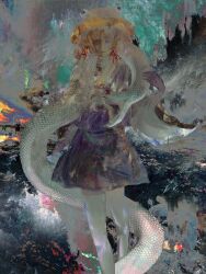 1girl absurdres blonde_hair blue_eyes fangs hat highres long_sleeves looking_at_viewer medium_hair mishaguji moriya_suwako open_mouth parted_bangs purple_skirt purple_vest red_eyes shirt skirt skirt_set snake standing thighhighs touhou turtleneck vest white_shirt white_snake white_thighhighs wide_sleeves xbsx