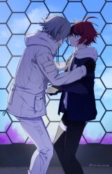 2boys ahoge aotsuki_eito black_pants drawstring fence glasses grey_hair hands_on_another&#039;s_arms hood hooded_jacket hoodie jacket male_focus multicolored_hair multiple_boys open_clothes open_jacket outdoors pants profile red_hair seiran_yoroz short_hair streaked_hair sumino_takumi the_hundred_line_-last_defense_academy- thigh_strap twitter_username white_hoodie white_jacket white_pants