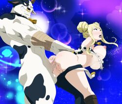 absurdres animal_print arched_back bikini blank_eyes blonde_hair bouncing_breasts breasts cow_print cow_print_bikini fairy_tail highres large_breasts lexus_(artist) lucy_heartfilia muscular open_mouth print_bikini rape_face sex sex_from_behind swimsuit taurus_(fairy_tail) tongue tongue_out