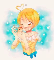 1girl ahoge animal blonde_hair blue_background blue_bow blush boots bow collarbone cropped_torso dot_nose expressive_hair grey_boots hair_between_eyes hamster happy harryham_harry heart heart_ahoge highres holding holding_animal hugtto!_precure kagayaki_homare long_sleeves looking_at_animal motion_lines nachuchoco neck_tattoo off-shoulder_shirt off_shoulder one_eye_closed open_mouth outside_border precure shirt short_hair smile tareme tattoo three-quarter_sleeves triangle waist_bow yellow_eyes yellow_shirt